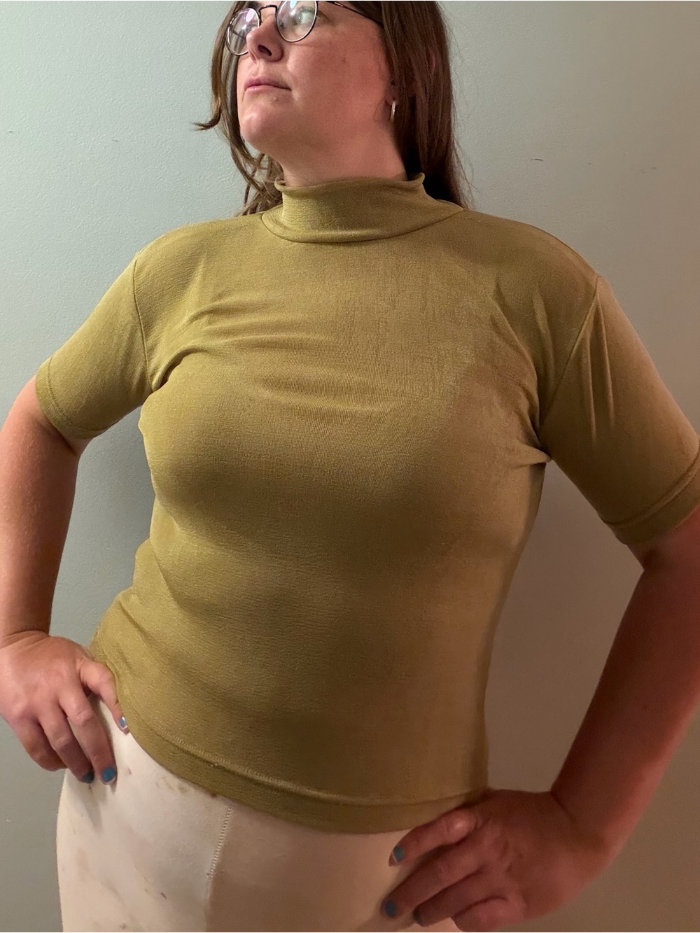 Olive Green Gold Shimmer Short Sleeve Mock Neck Top